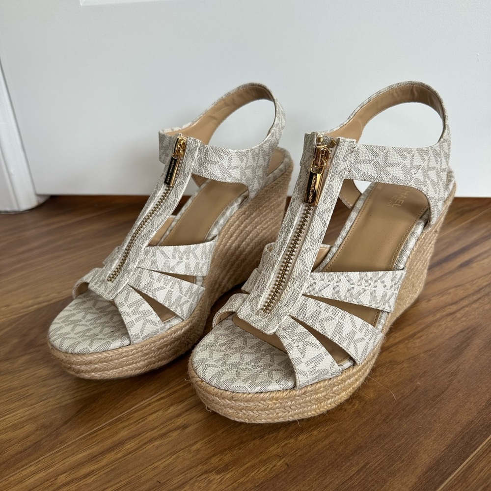 Michael Kors Beige Monogram Espadrille Wedge Sandals with Gold Zip